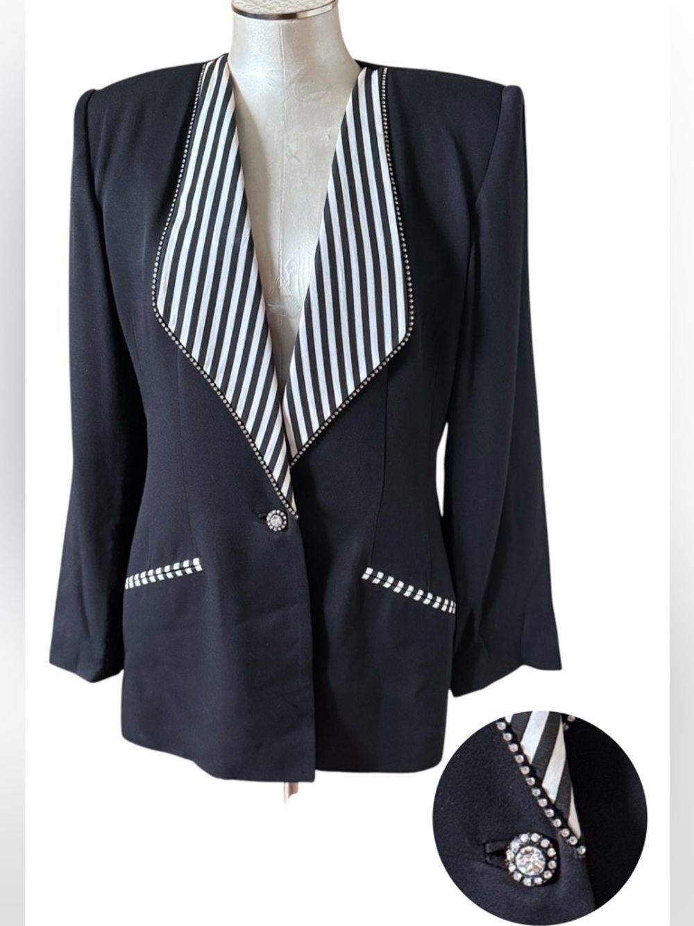 Criscione Vintage Cache 80s 90s Black Blazer Striped Contrast Lapel Rhinestone M